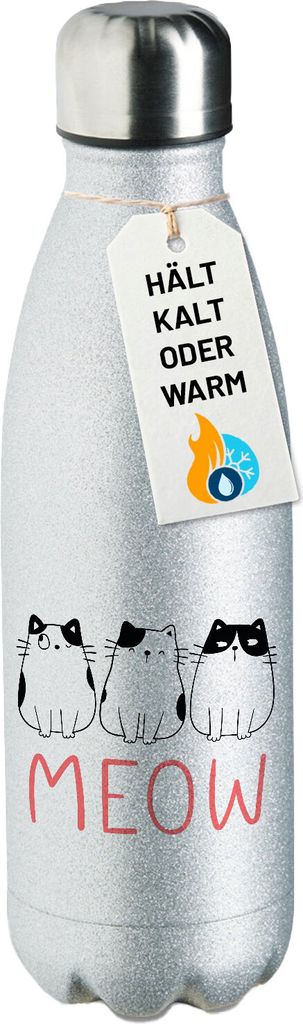 Huuraa Trinkflasche Katzen Meow Comic 500ml Silver Edelstahl Wasserflasche Trinkflasche Geschenkidee