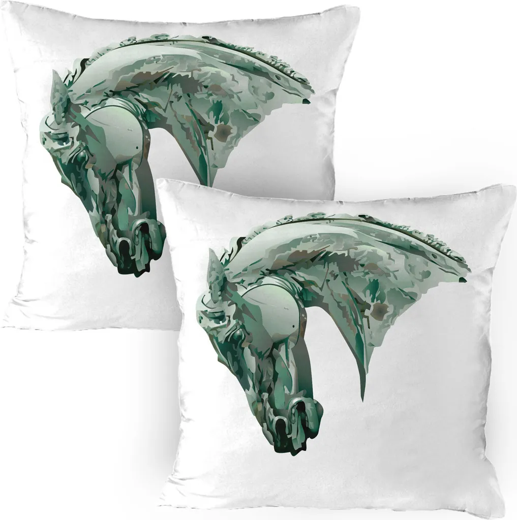 ABAKUHAUS Federa per cuscino retrò, confezione da 2, macchia verde, testa di cavallo con criniera, immagine cavaliere, grafica mimetica, federa decorativa stampata, 80x80 cm, grigio
