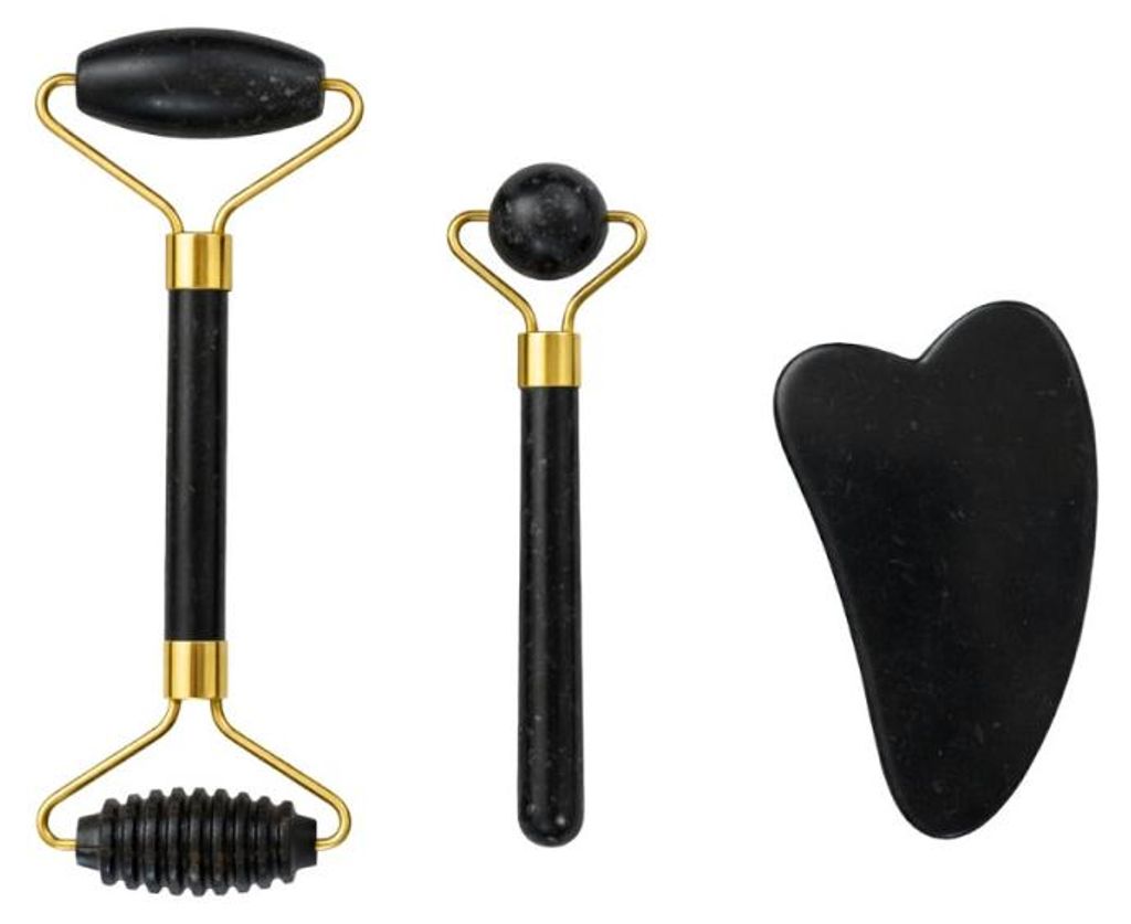 Verk 24672 Gesichts-Massageroller Jade Roller, Gua-Sha, 3-in-1, schwarz