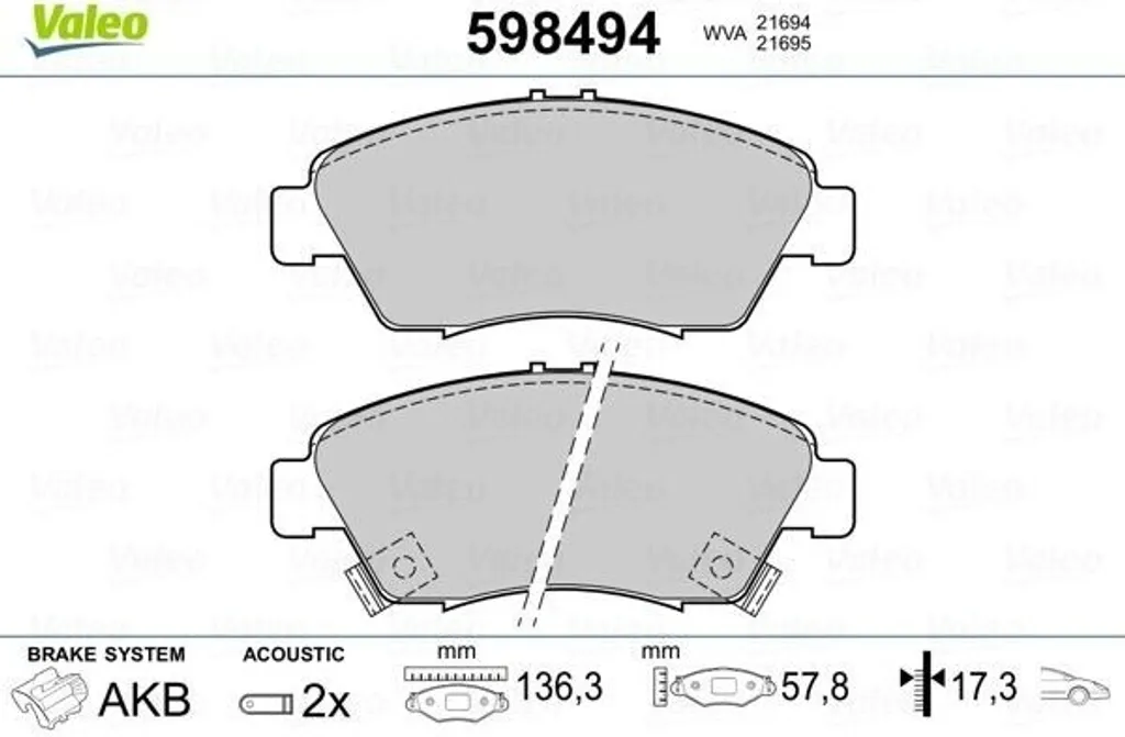 Valeo 598494 Plaquettes de Frein Avant OE 06450-S5A-E50 pour Civic VII