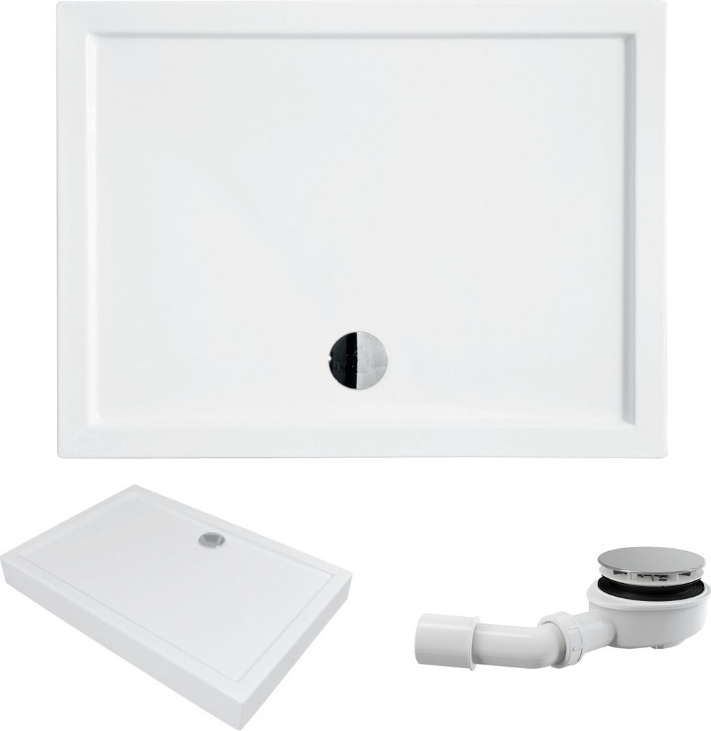 BADLAND Duschwanne Rechteck ALPINA 100x80x3,5x14 cm Weiß, Glatt mit Ablaufgarnitur und Füße Gratis