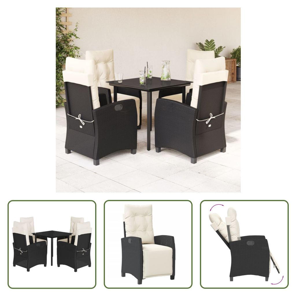 The Living Store 5-tlg. Garten-Essgruppe mit Kissen Schwarz Poly Rattan