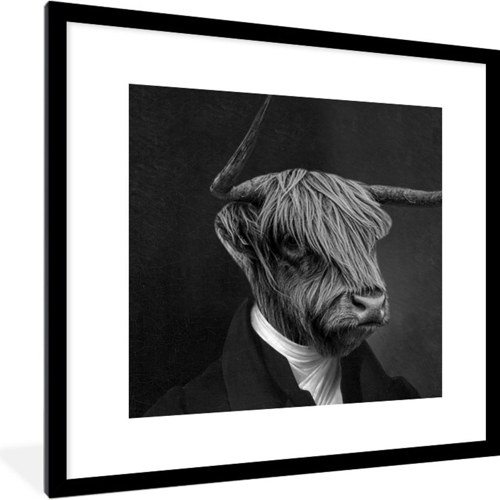 MuchoWow Gerahmtes Poster Alte Meister - Schottischer Highlander - Schwarz und Weiß 40x40 cm - Poster mit Schwarzem Bilderrahmen Wandposter Rahm...