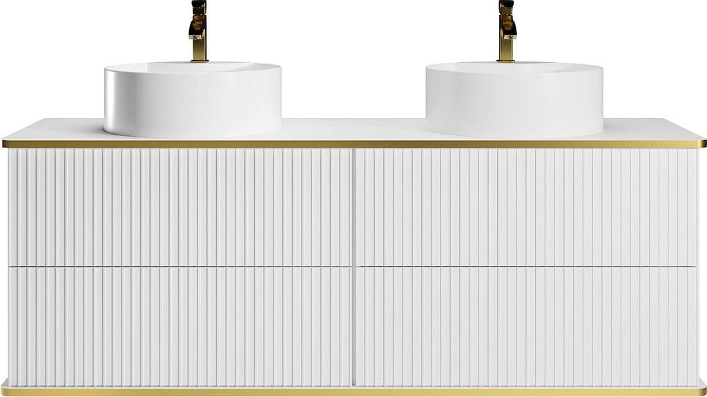 Hängender Badezimmerschrank mit geriffeltem Design, goldener Einfassung und zwei runden Aufsatzwaschbecken – Weiß – 150 cm – KELIZA