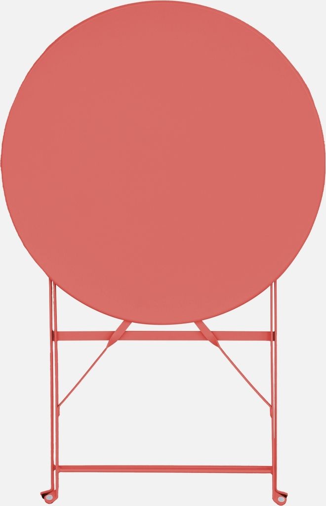 A round, terracotta-colored bistro table with a metal frame.