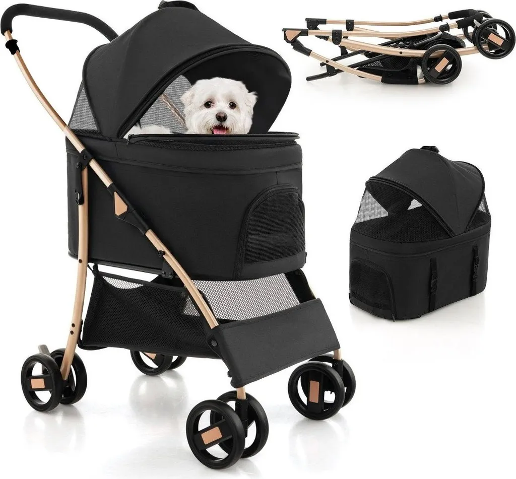 Poussette 3 en 1 pour animaux de compagnie pliable noire jusqu'à 15 kg