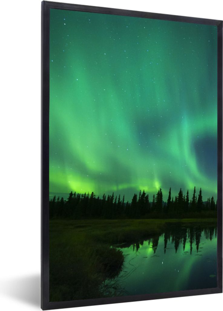 MuchoWow Gerahmtes Poster Nordlicht - Bäume - Wasser - Alaska 20x30 cm - Poster mit Schwarzem Bilderrahmen Wandposter Rahmen Foto Bilder - Druck...