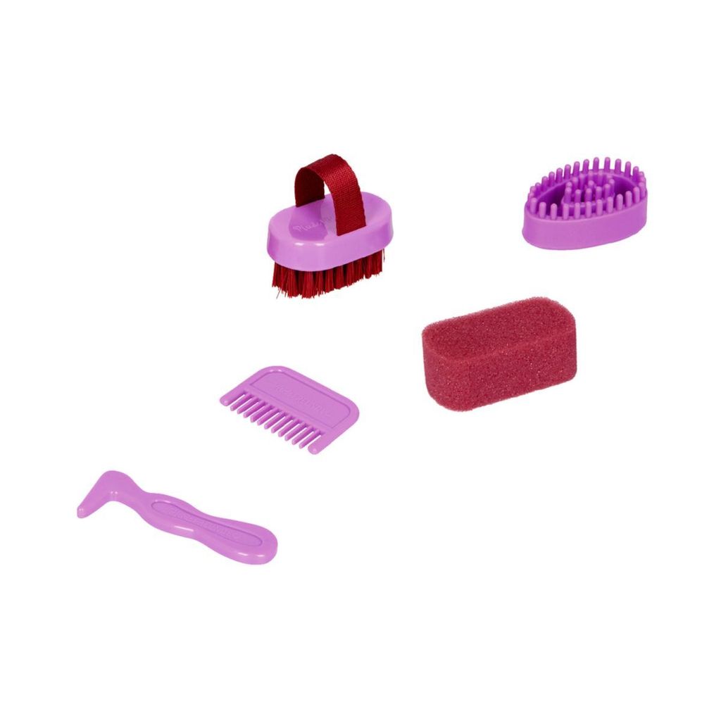 A collection of grooming tools for horses, including brushes, a comb, a sponge, and a hoof pick.