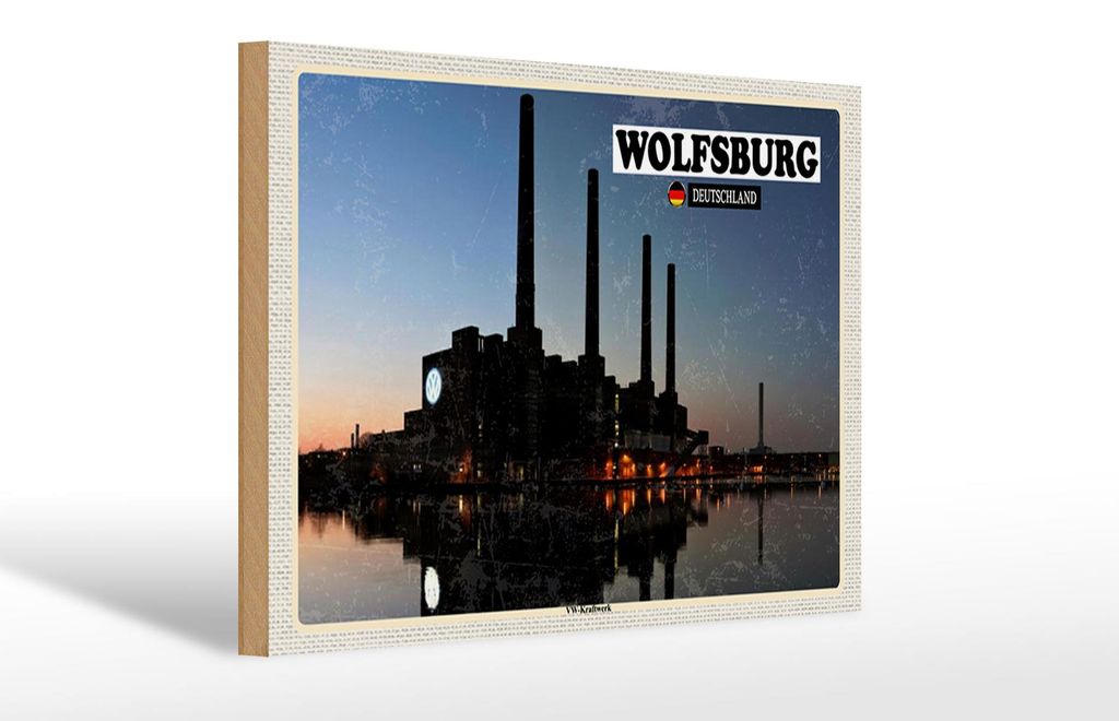 Holzschild Städte Wolfsburg VW-Kraftwerk Fluss 30x20cm