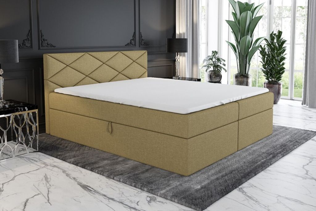 Boxspringbett XAVI 160 x 200 mit 2 Bettkästen, Bonell-Matratze und Topper. Farbe: Hellbraun