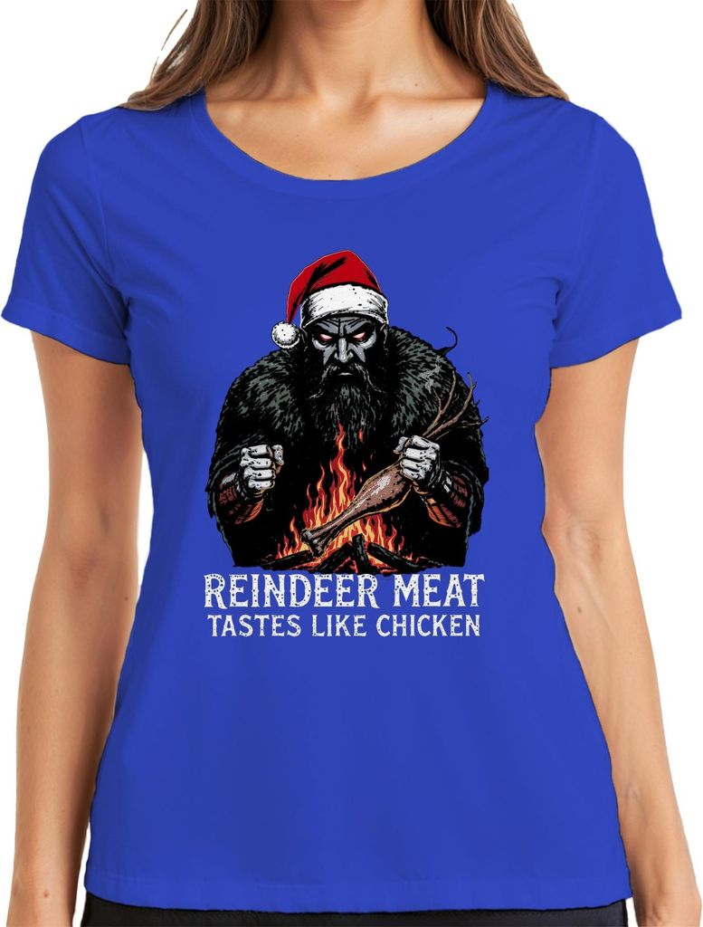 REINDEER MEAT TASTES LIKE CHICKEN Weihnachtsmann düster Vintage Damen T-Shirt, Blau, XXL