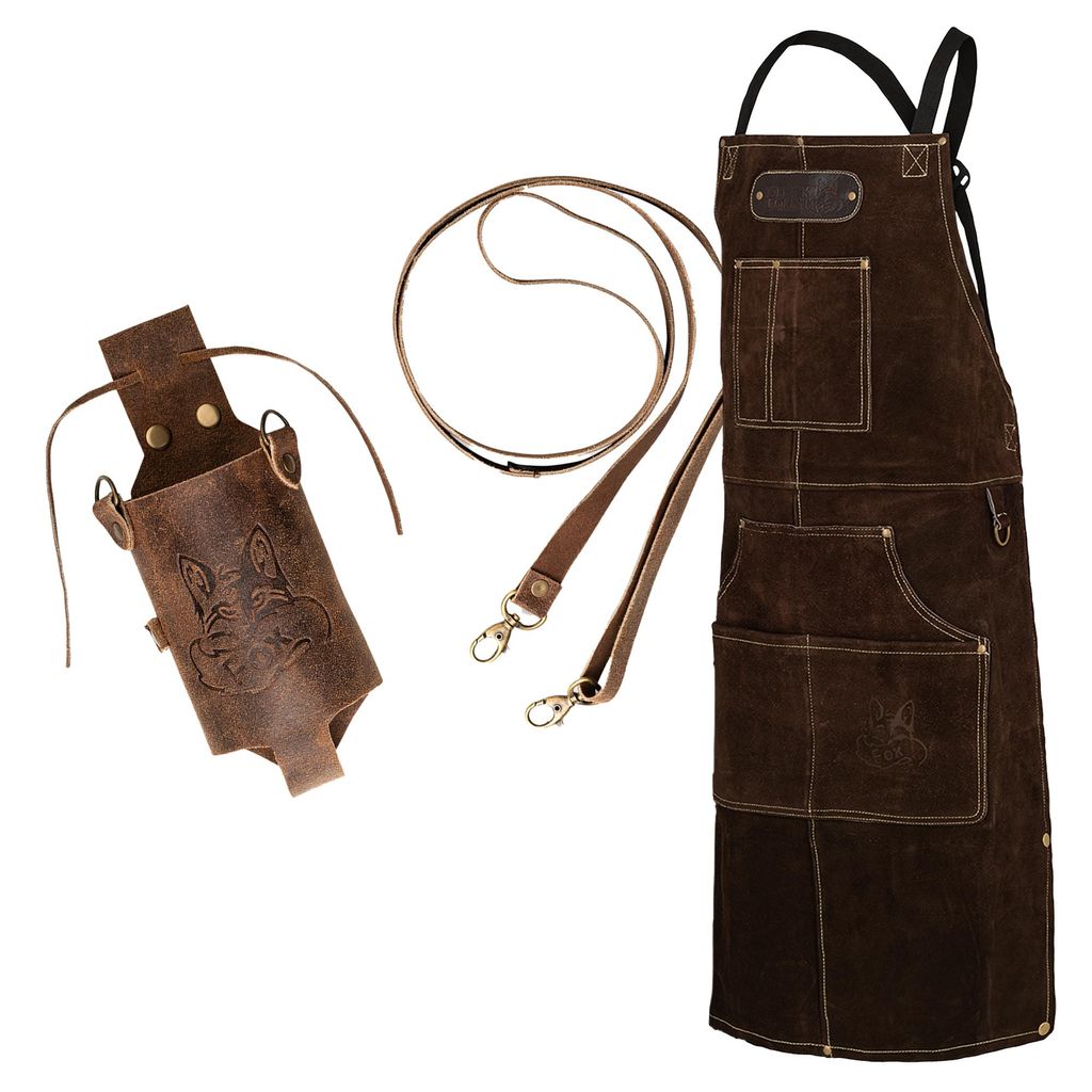 ROUGH SET Büffelleder Grill Koch & Küchen Schürze + Holly Holster Getränkeholster Dunkelbraun