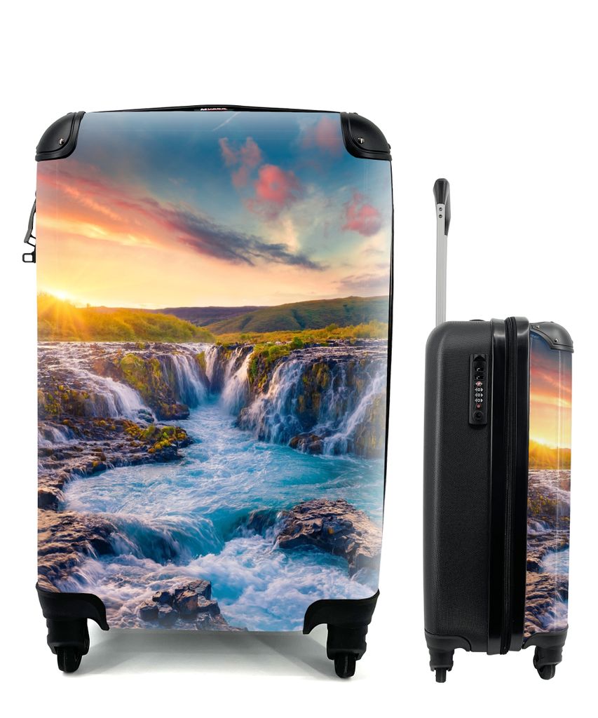 MuchoWow Koffer Handgepäck Trolley Rollkoffer Kleine Reisekoffer mit 4 Rollen - Wasserfall - Pflanzen - Moos - Landschaft - Sonnenuntergang - Fe...