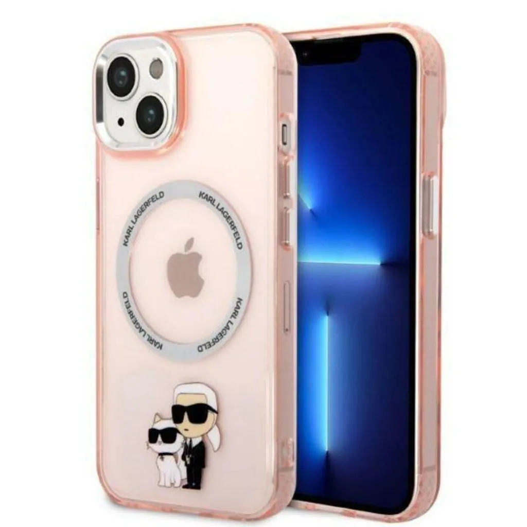 Cover Karl Lagerfeld iPhone 14 15 13 Magsafe Rosa Iconic Karl & Choupette