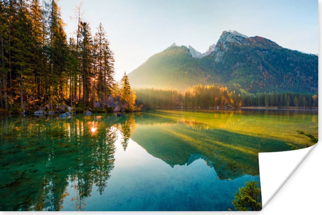 MuchoWow Poster See - Wald - Berge - Natur - Sonne - Landschaft 90x60 cm - Schlafzimmer