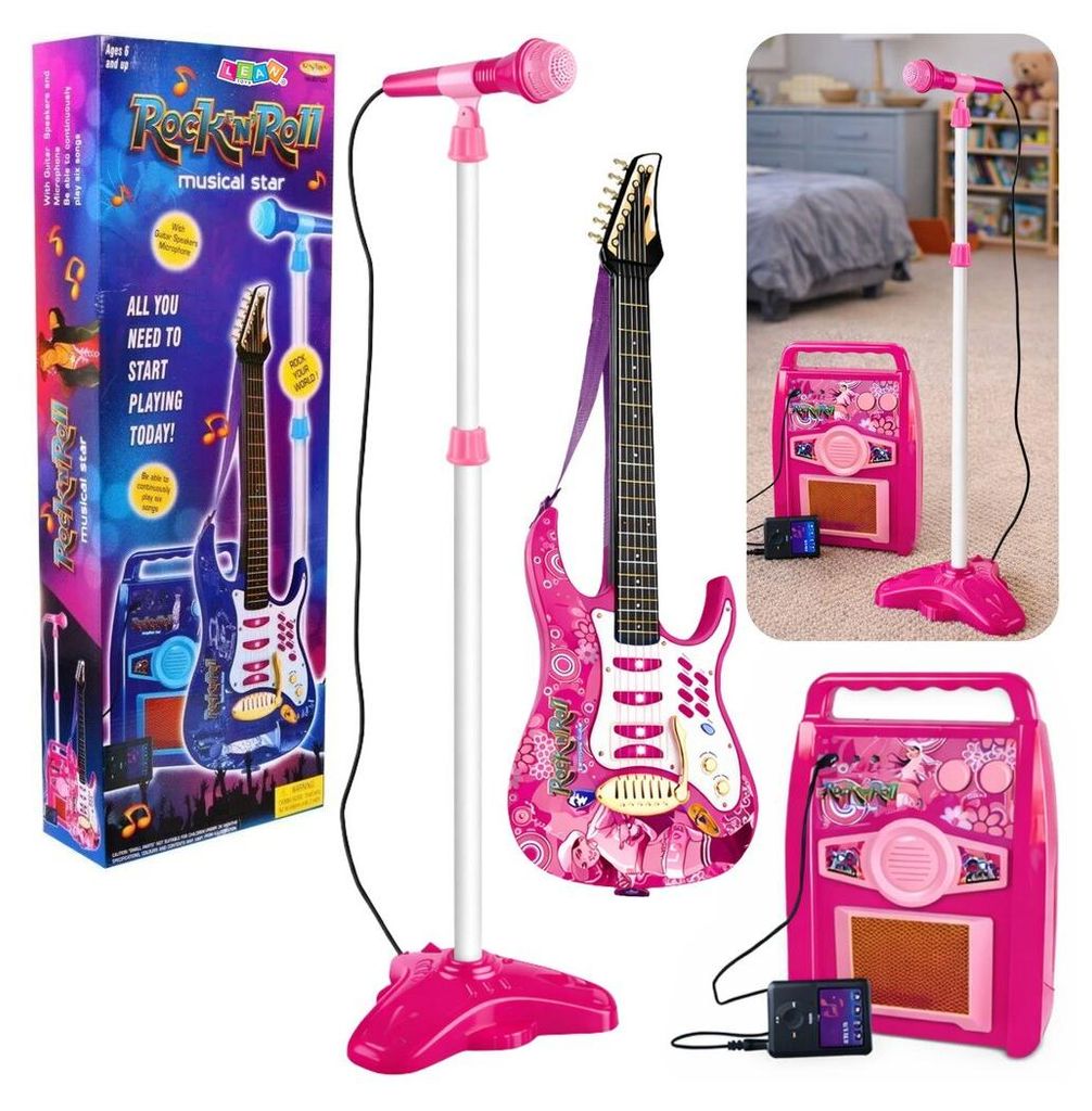 Guitarra eléctrica rosa con micrófono y amplificador Imagen del producto 