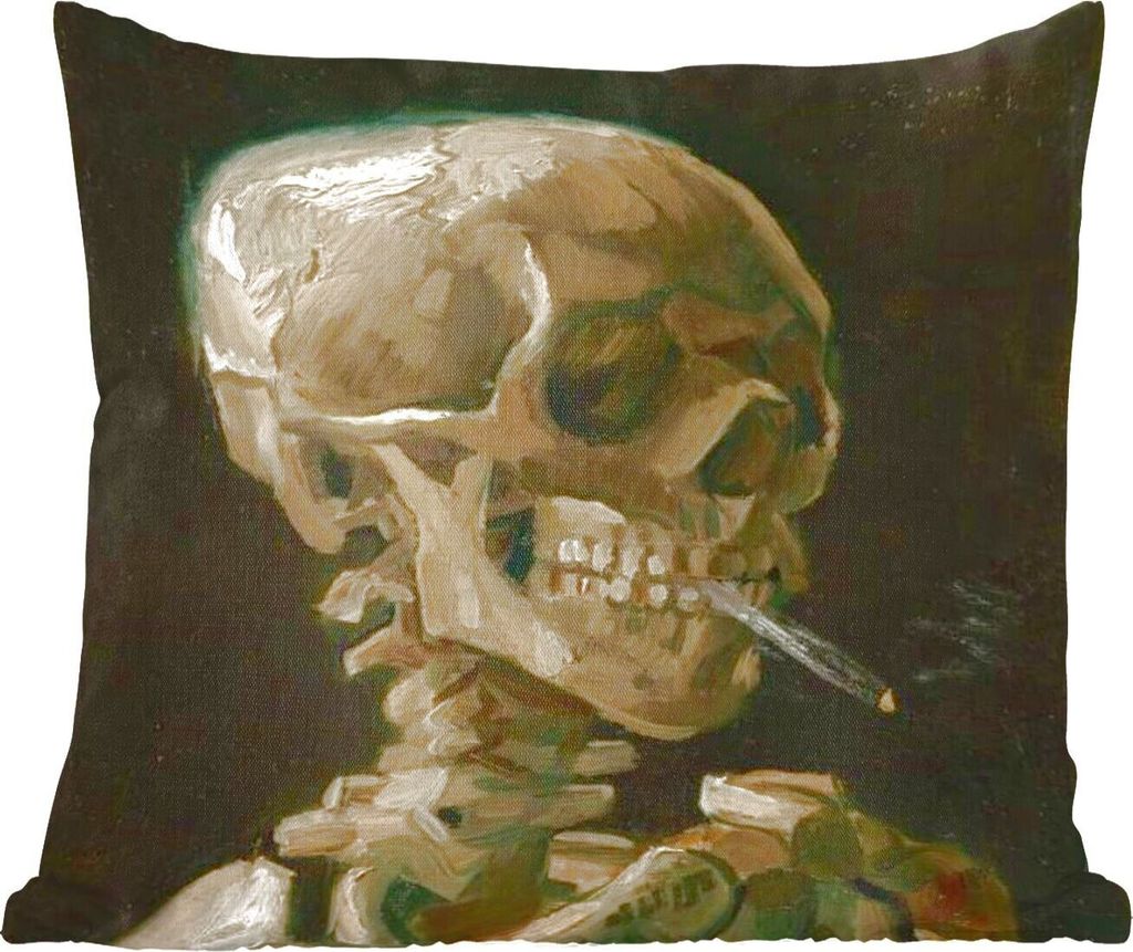 MuchoWow Zierkissen Sofakissen Wohnzimmer Dekokissen 40x40 cm Skelettkopf mit brennender Zigarette - Vincent van Gogh - Foto Kissen - Schlafzimme...