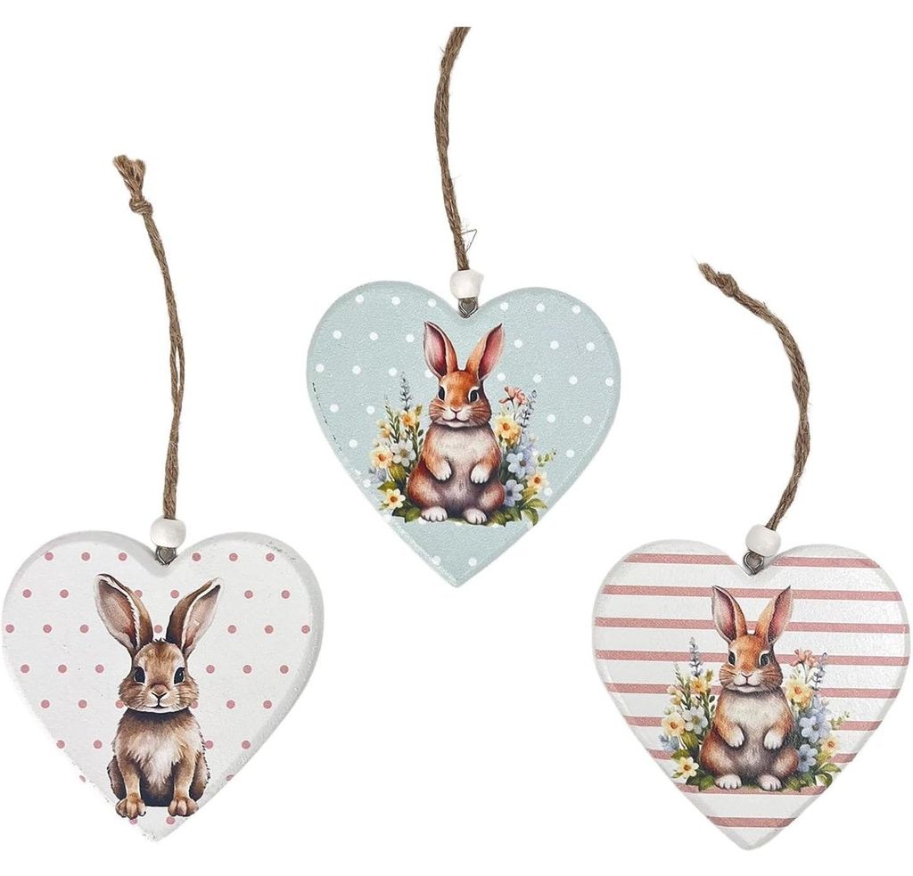 Holzherzen mit Hasen-Aufdruck 3er-Set 10 cm zum Hängen Osterdeko Frühlingsdeko Anhänger aus Holz - Logbuch-Verlag