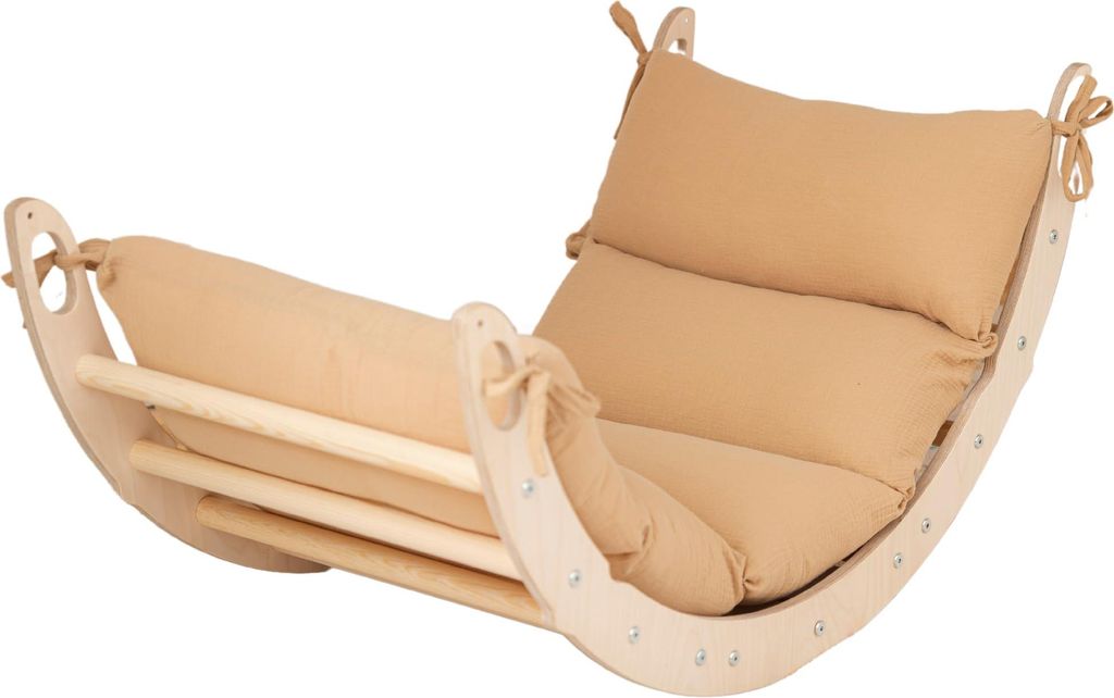 WoodsCraft - Kletterbogen mit Hypoallergen Kissen - Holz Klettergerüst Indoor - Holzwippe, Bogenwippe, Wippe - Montessori Kletterspielzeug