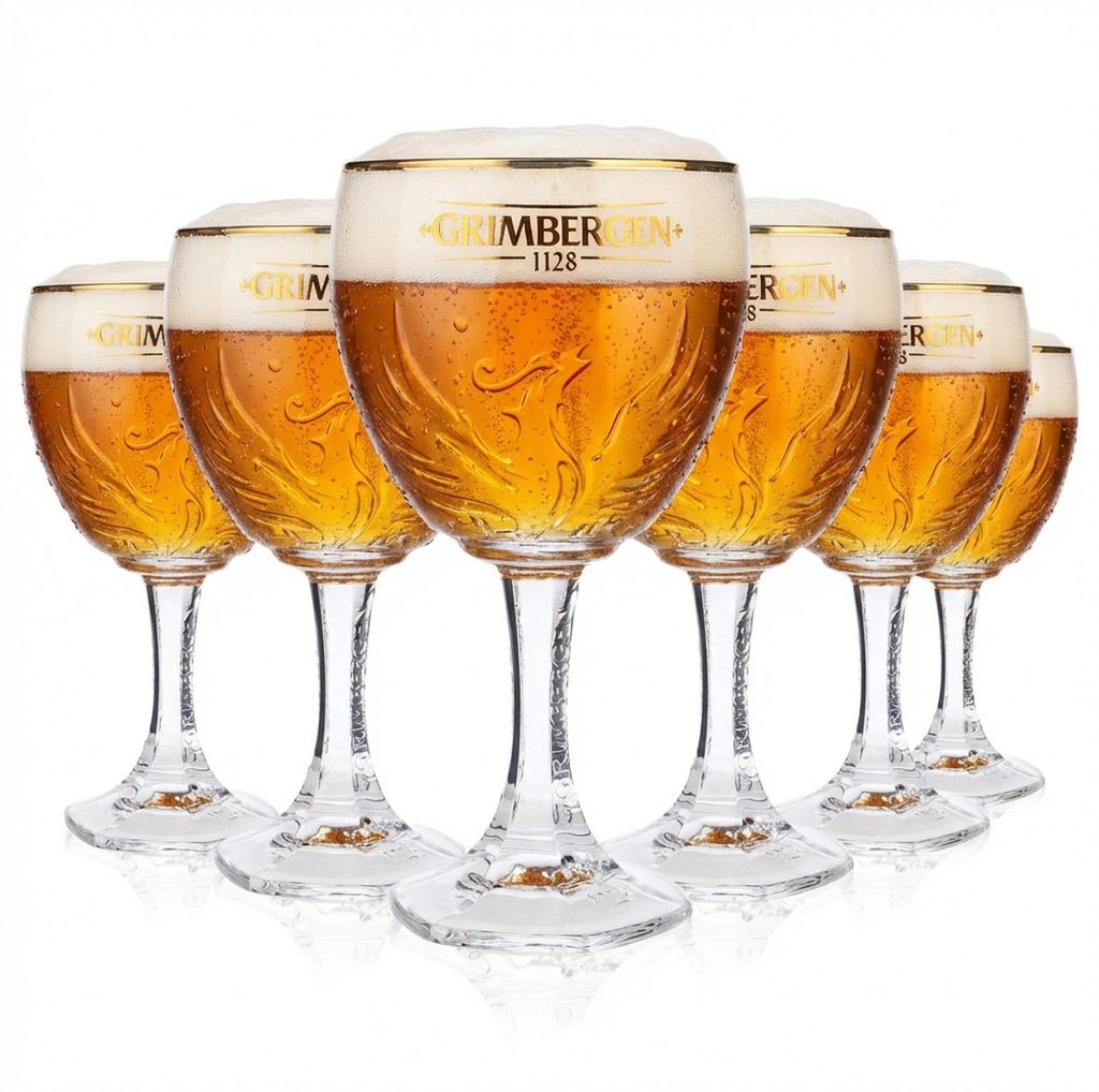 6x Grimbergen Glas 0,5l Pokal Kelch Phoenix Kontur Goldrand Produktbild 
