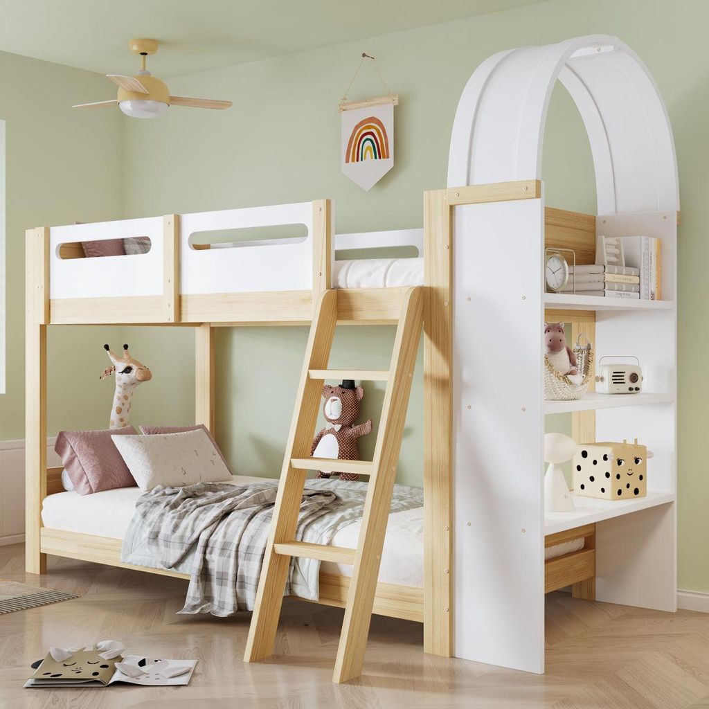 Etagenbett Kinderbett 90x200 Weiß Natur Hochbett mit 3-stufigem Regal und Trittleiter Stauraumbett aus Kiefernholz ohne Matratze Fallschutz sicher