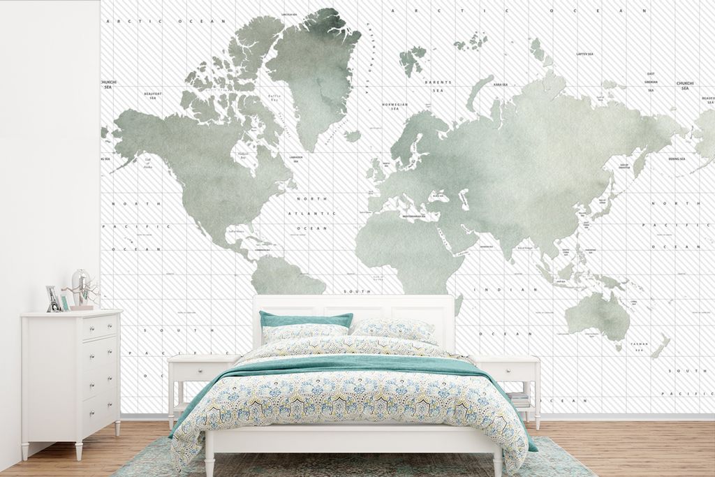 MuchoWow Fototapete für Wohnzimmer oder Schlafzimmer Wandtapete Vinyl Motivtapete Weltkarte - Aquarell - Grau - 390x260 cm - Papiertapete