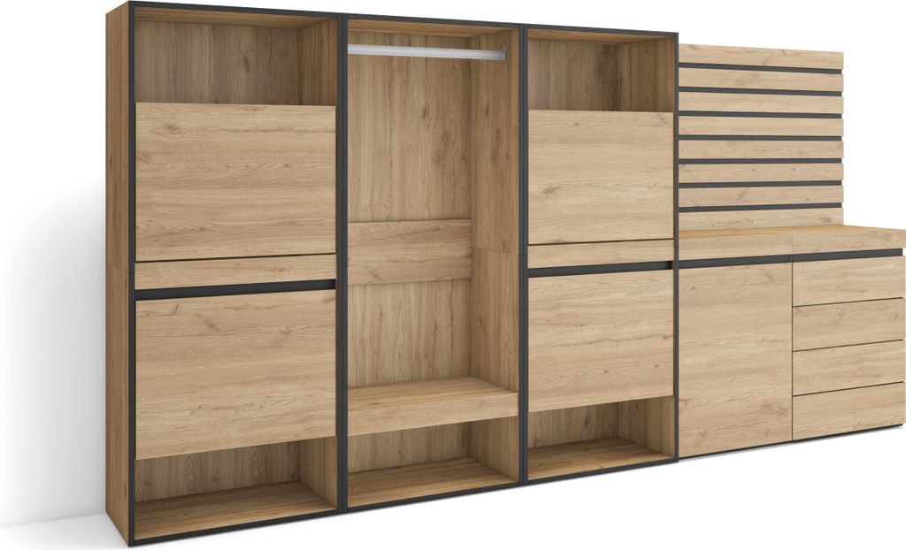 Schuhregal, Schuhschrank, 287x35x145 cm, Für Schlafzimmer, Offener Kleiderschrank, Kommode mit Schubladen, Lamellenwand Holz, Eiche
