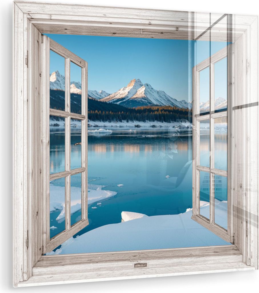 MuchoWow Glasbilder - Bilder auf Wandbild - Foto auf Glas Landschaft - Winter - See - Berg - Aussicht - Licht 50x50 cm Wanddekoration aus Glas - Ac...