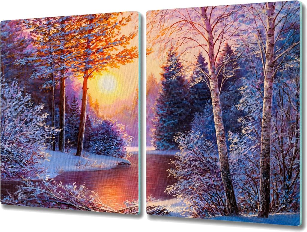 Coloray Hackbrett Küchenbrett Kochplattenabdeckung Schneidebrett Herdabdeckplatte 2x40x52 cm - Wald Fluss Schnee Sonnenuntergang