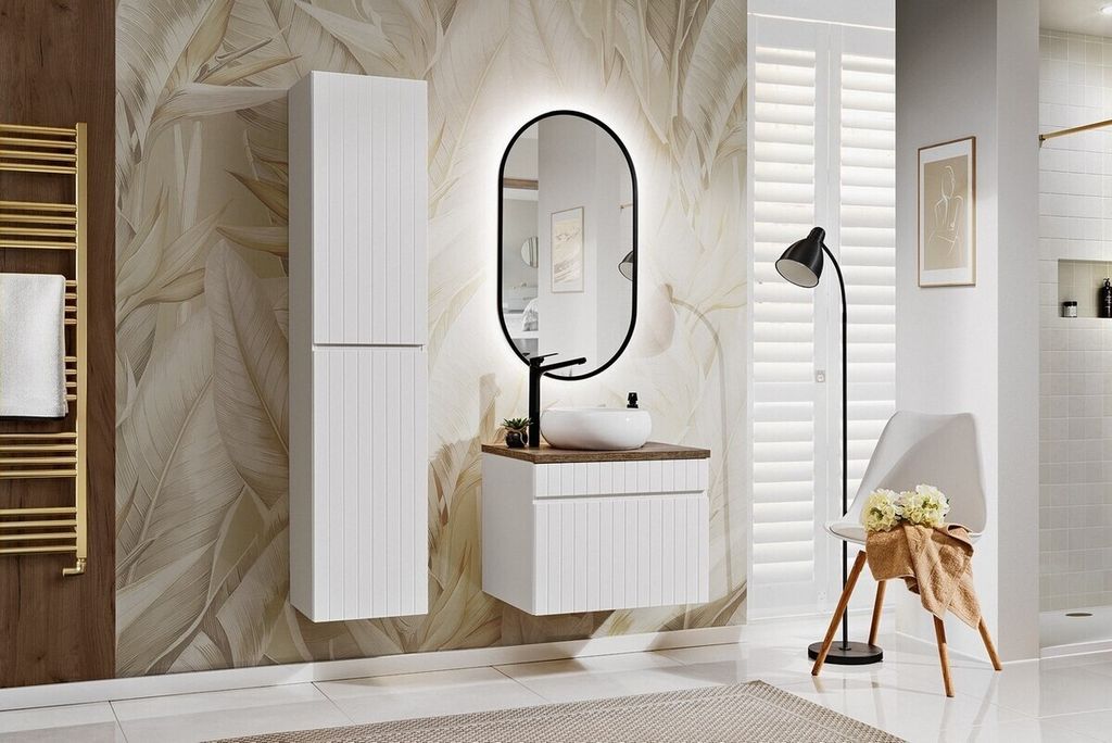 Badmöbel-Set mit Waschbecken & Unterschrank, Arbeitsplatte 60 cm, LED-Spiegel, Hochschrank, Iconic White I BM68 - Weiß/Santa Fe Vintage