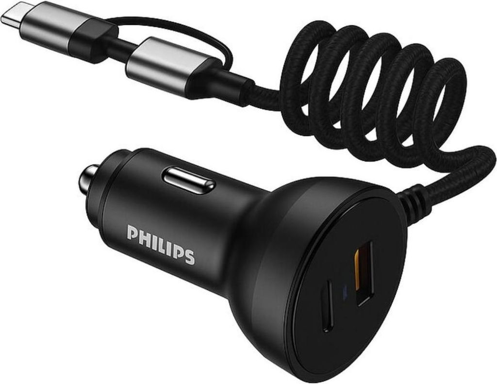 Philips Auto Ladegerät DLP4301B/04 - Zigarettenanzünder USB C 72W - KFZ Ladegerät USB C mit Lightning und Type-C Kabel - 12V USB Adapter Auto Sc...