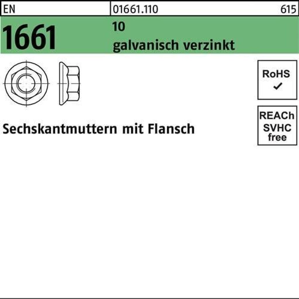 Reyher Sechskantmuttern EN 1661 10 M 6 galv. verzinkt gal Zn (1000 Stück)