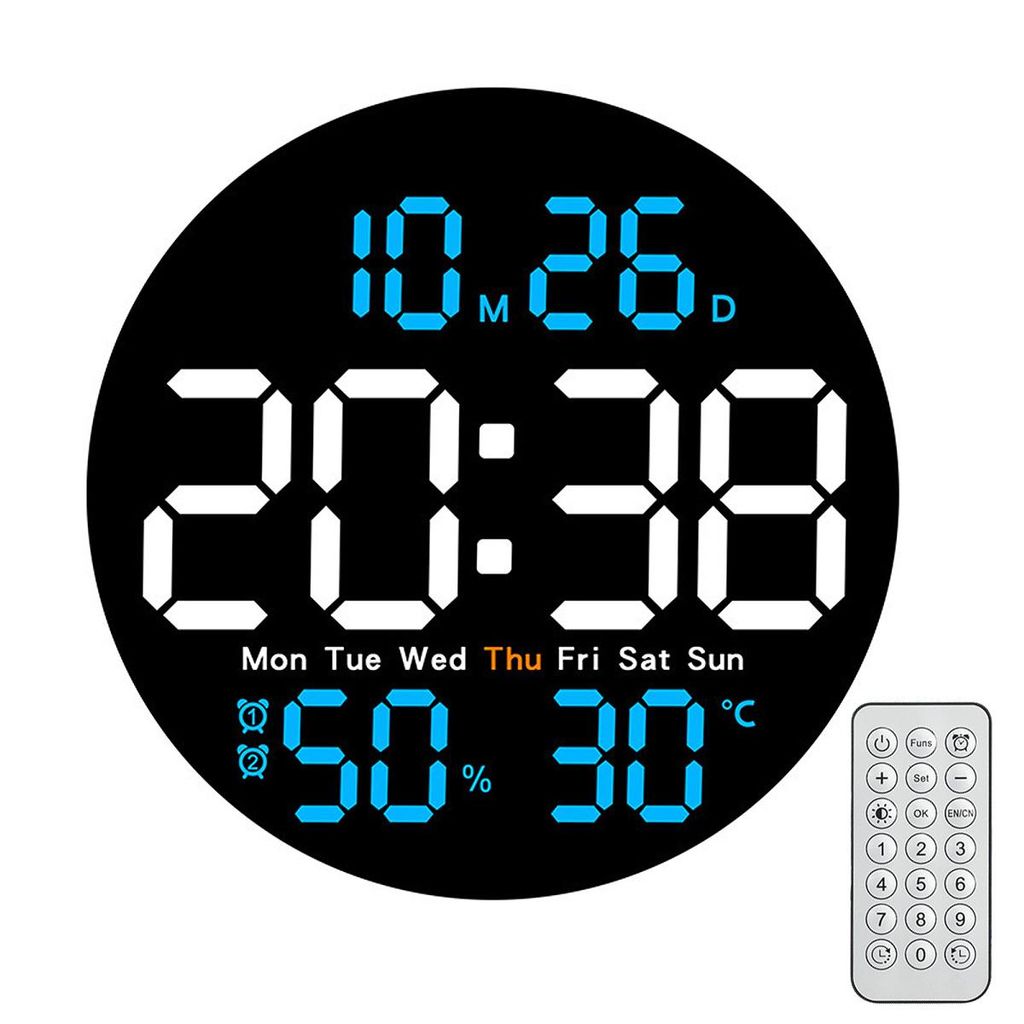Digitale Wanduhr 25,5 cm mit LED-Anzeige, Fernbedienung, digitalem Wecker, automatischer Helligkeitsanpassung & Sommerzeitanzeige