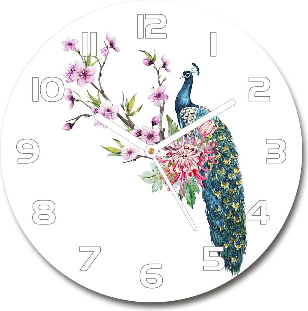 Wanduhr aus Glas 30fi Glasbild Glasuhr Gehärtetes Glas - weisse-zeiger - Peacock and flowers