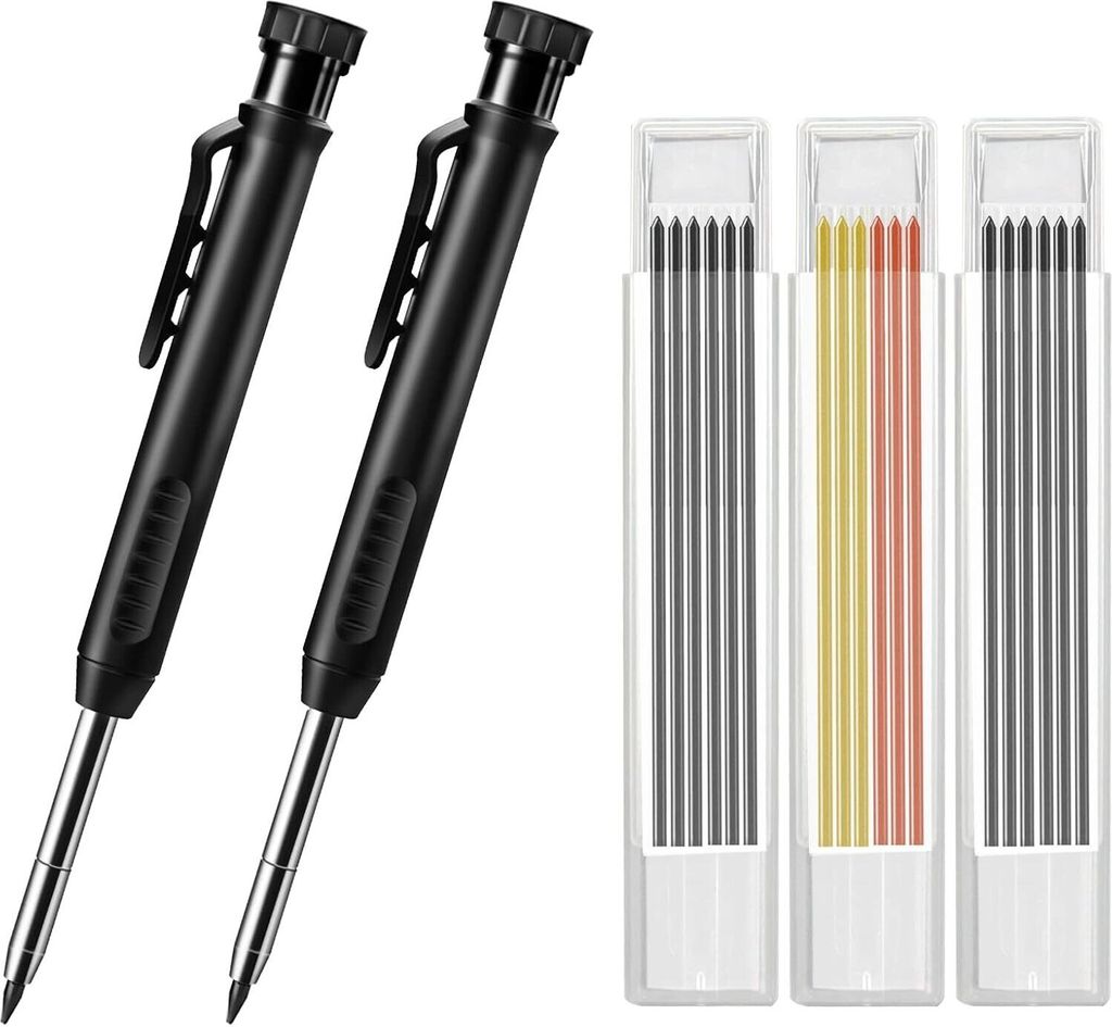 2 Tieflochmarker – Zimmermannsbleistifte, 2B, Inkl. Bleistiftspitzer und 18 Minen, Für Holz, Metall, Betonfliesen