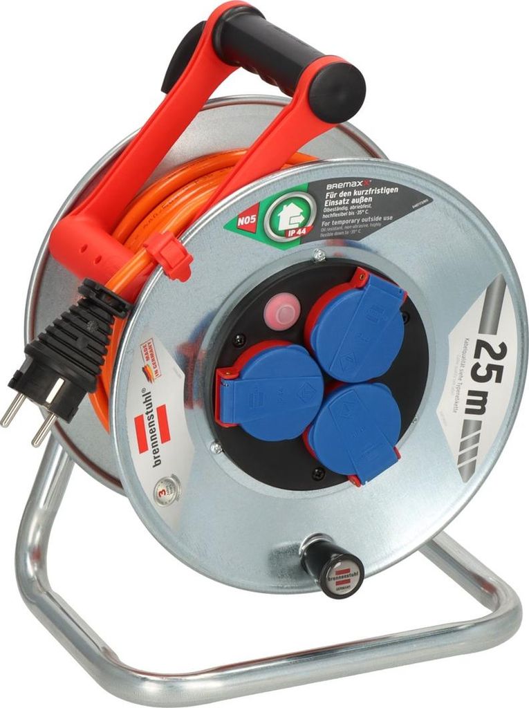A close-up studio shot of a Brennenstuhl cable reel.