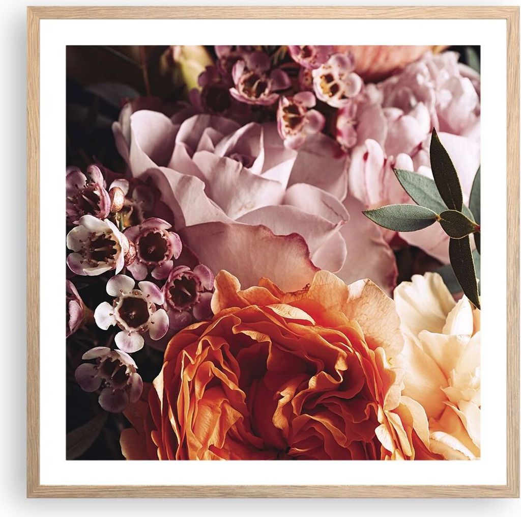 Gerahmtes Poster - Rahmen in heller Eiche - Blumen Getreide Rosen - 60x60 cm - Wand Bild - Wanddeko - Wandbilder - Kunstposter - Wandposter - Bilde...