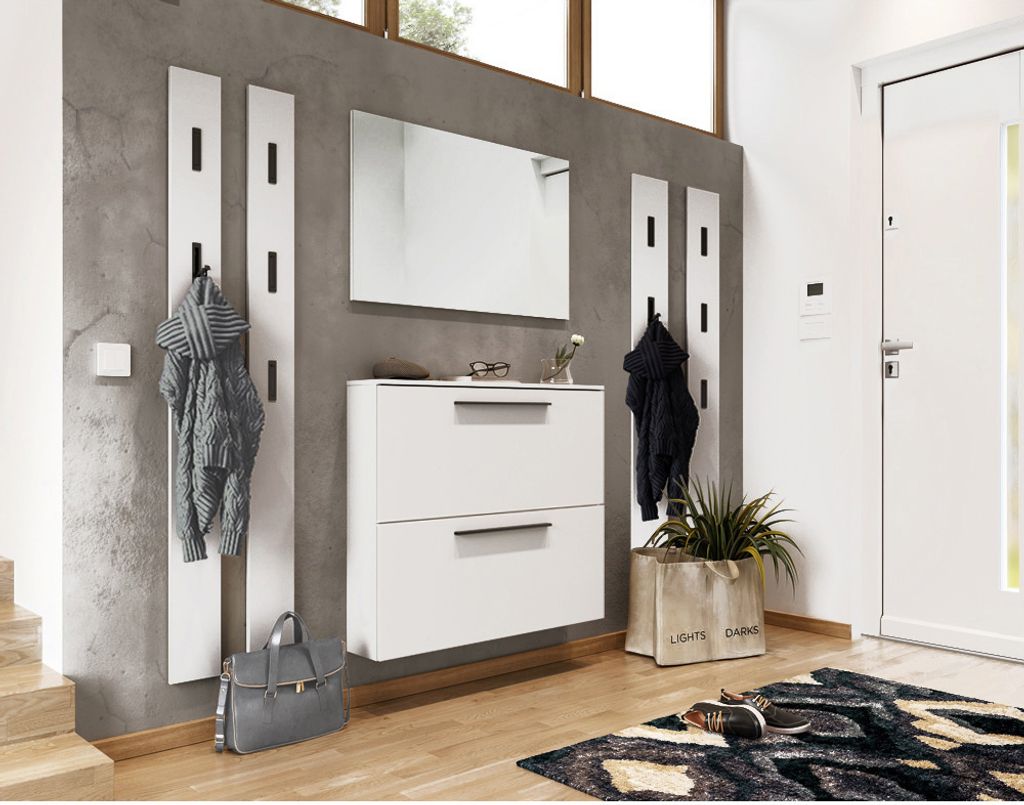 Garderoben Komplett-Set mit 100cm Schuhschrank, Spiegel, 4 Paneele UTRERA-01 weiß, B/H/T 220/200/19 cm