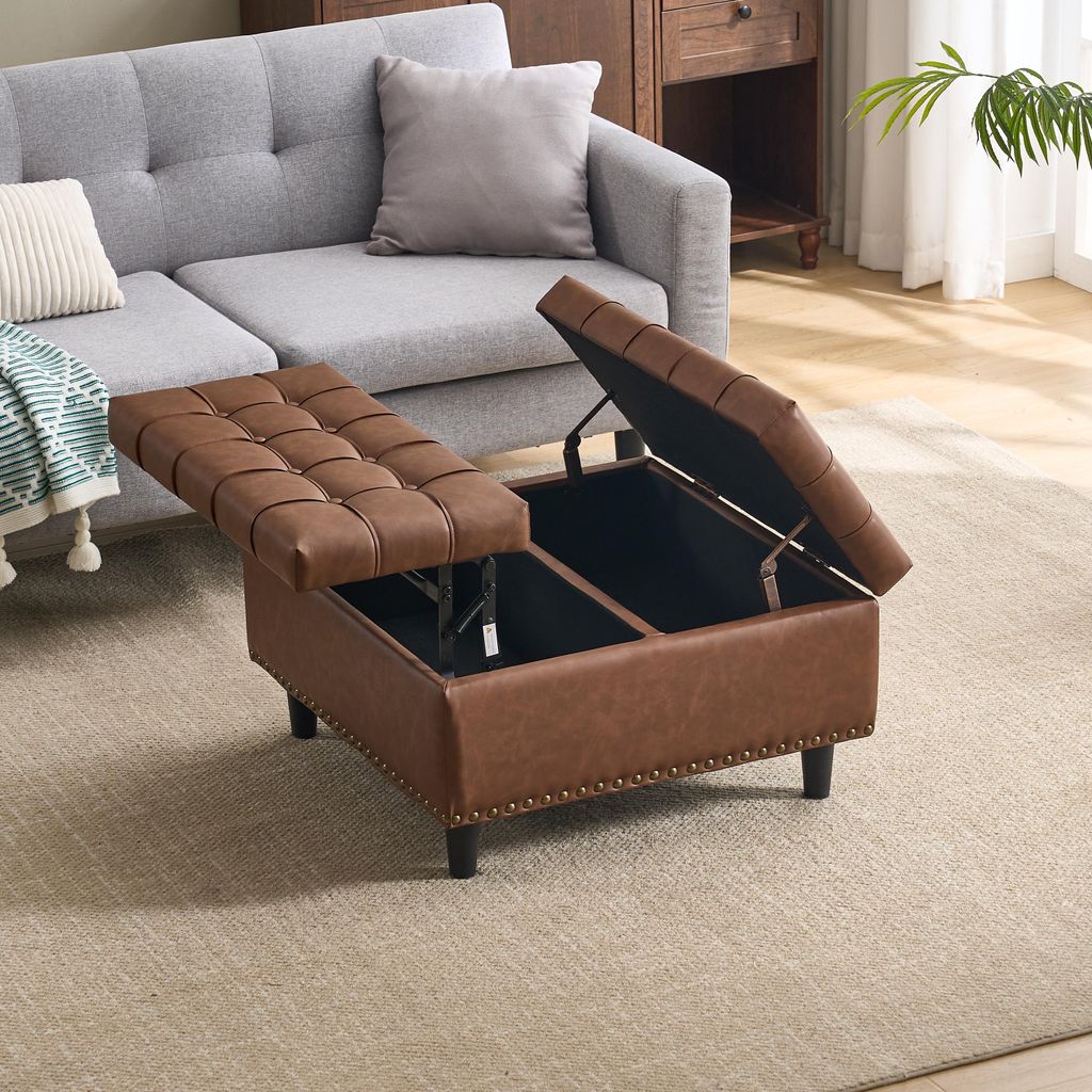 MODFU Stauraumhocker quadratischer Aufbewahrungsbank mit Höhenverstellung,Großer verstärkter Aufbewahrungsbox, für Wohnzimmer&Schlafzimmer,Braun