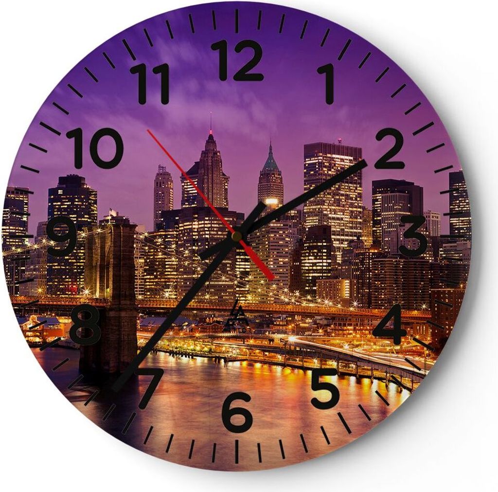 Wanduhr - Rund - Glasuhr - New york nacht brooklyn brücke - 40x40cm - Schleichendes Uhrwerk - Lautlos - zum Aufhängen bereit - Dekoration Modern ...
