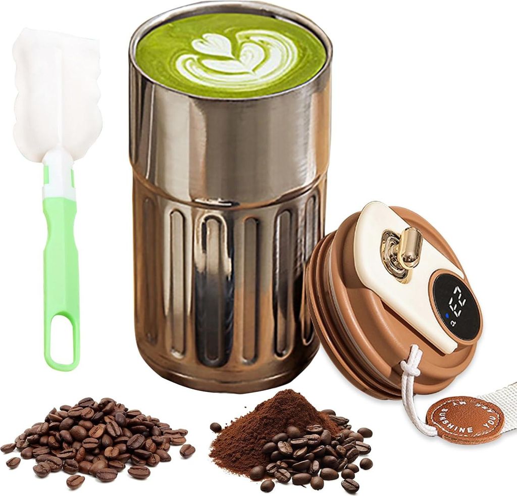 Kaffeebecher zum Mitnehmen 410 ml - Edelstahl-Thermobecher mit Temperaturanzeige - Auslaufsicherer Reisebecher (Silber mit Kaffee)