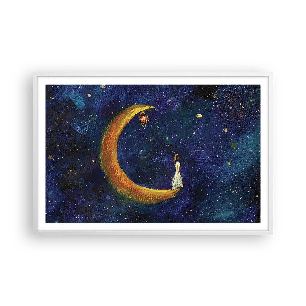Gerahmtes Poster - Weißer Rahmen - Mädchen auf der Mond - 91,5x61 cm - Wand Bild - Wanddeko - Wandbilder - Kunstposter - Wandposter - Bilderrahme...
