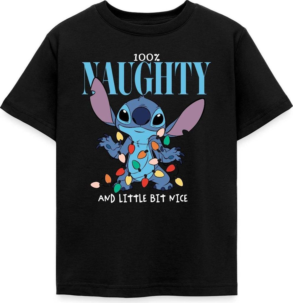 Lilo & Stitch Weihnachten 100% Naughty Kinder T-Shirt, 122/128 (7-8 Jahre), Schwarz