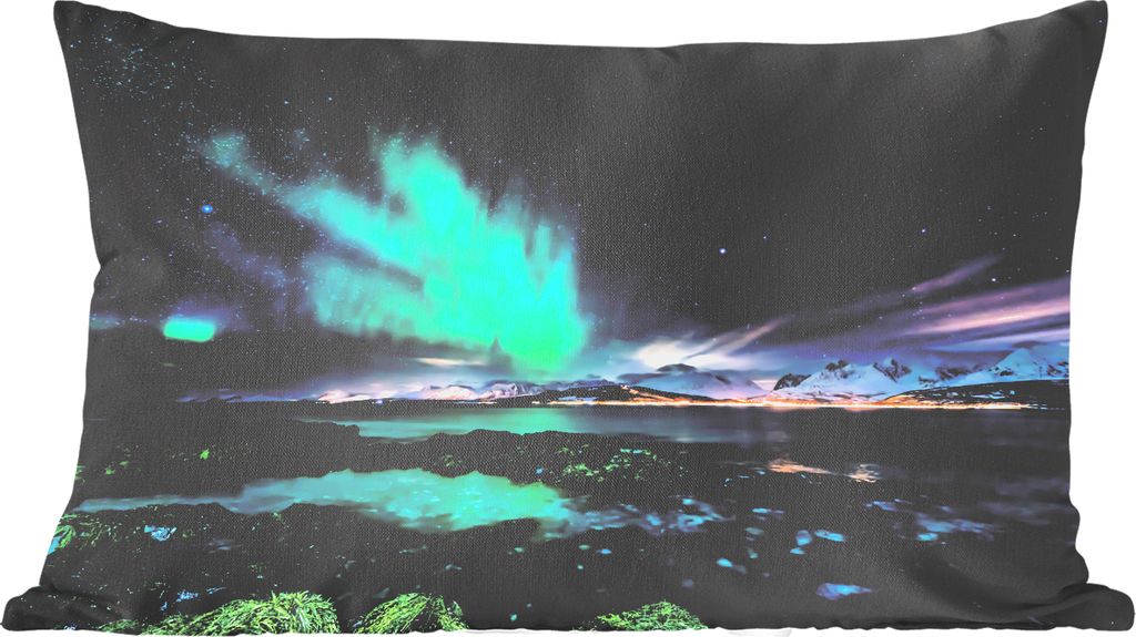 MuchoWow Zierkissen Sofakissen Wohnzimmer Dekokissen 50x30 cm Nordlichter - See - Norwegen - Wohnzimmerdekoration - Polster mit Photo