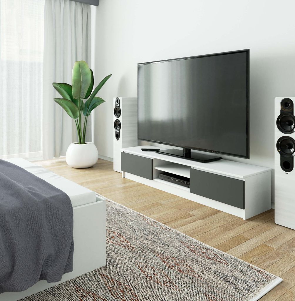 TV-Board – TV Schrank – TV Ständer – TV Tisch – TV Lowboard – 160 cm – Weiß / Graphit – Moderner Lowboard mit 2 Türen und 2 Fächern