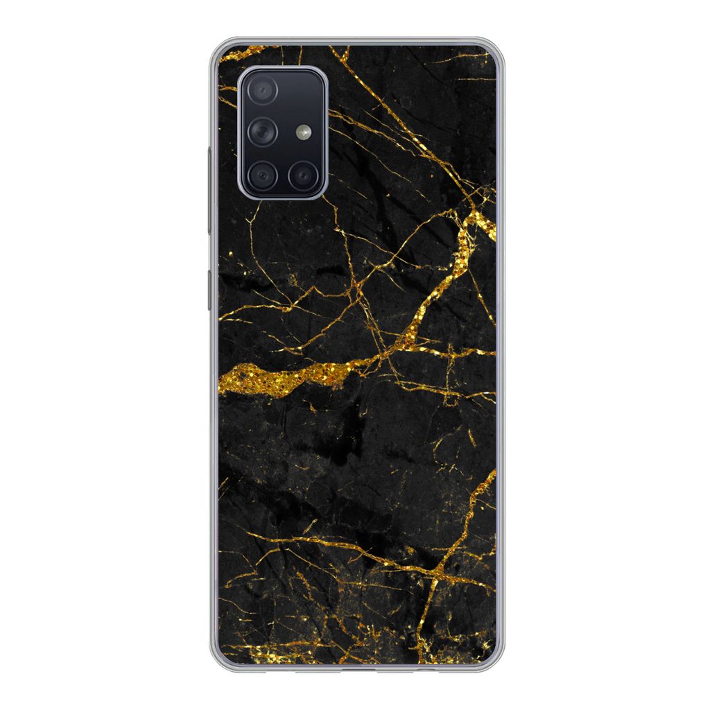 MuchoWow Handyhülle Schutzhülle Hülle für Samsung Galaxy A51 Marmor - Gold - Schwarz - Marmoroptik - Luxus - Glitzer Silikon Softcase Handy H...