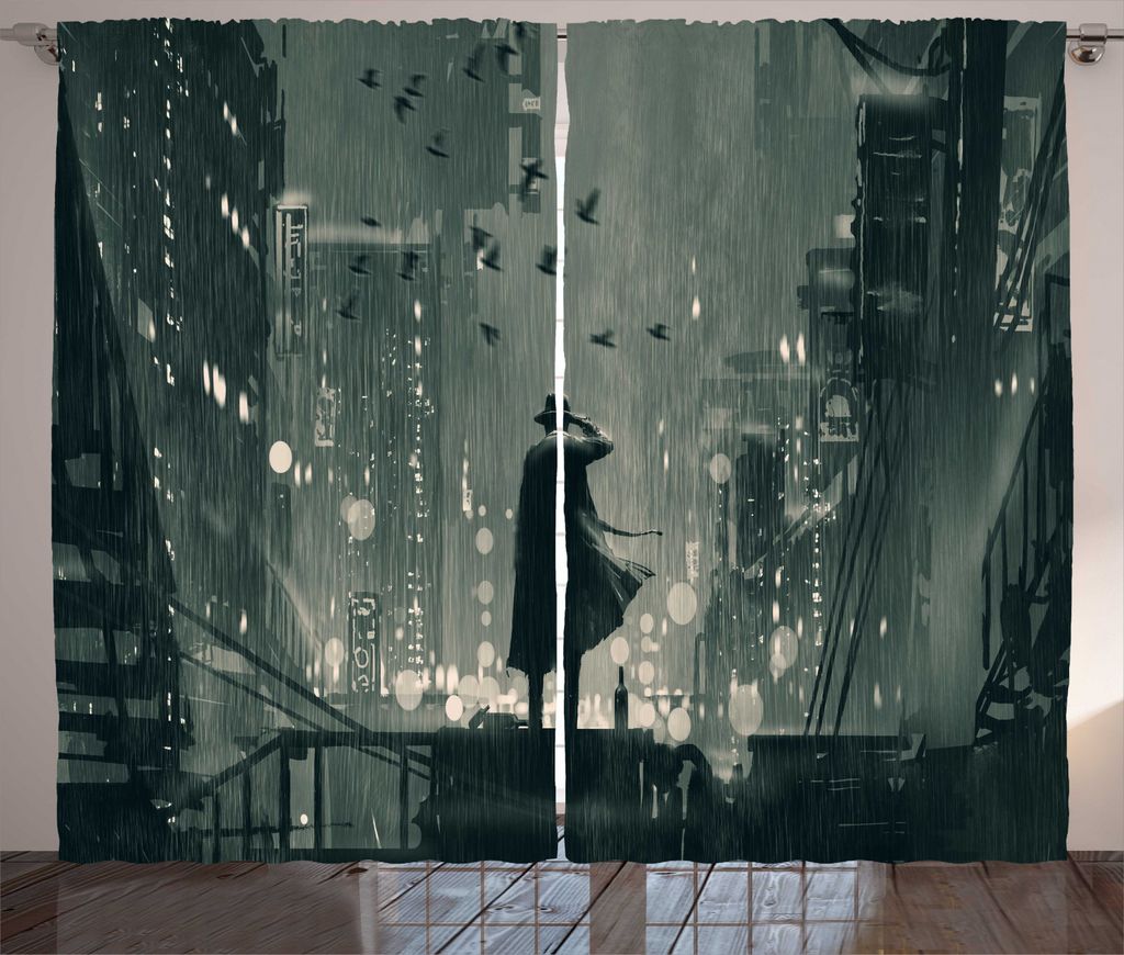 ABAKUHAUS Film Rustikaler Vorhang, Man Standing auf der Straße, Wohnzimmer Universalband Gardinen mit Schlaufen und Haken, 280 x 225 cm, Dunkelgrün