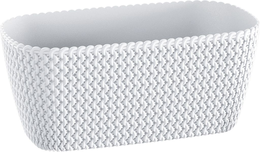 A white planter with a knitted texture.