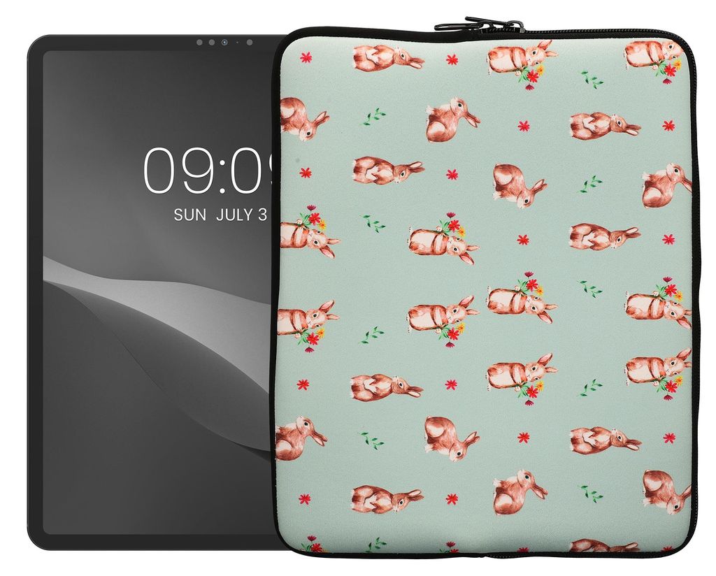 kwmobile Tablet Hülle kompatibel mit 13" Tablet - Universal Neopren Tasche Cover Case - Schutzhülle Sleeve in Weiß Braun Graugrün Hasen und Blumen