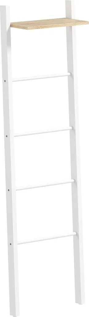 Porte-serviettes 4 barres avec étagère bois, acier blanc 43x20x151 cm